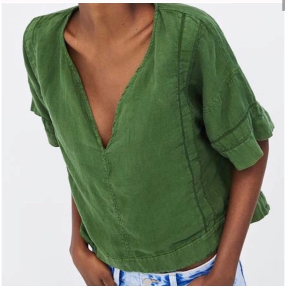 Zara Green V-Neck Top #120 - Picture 2 of 7
